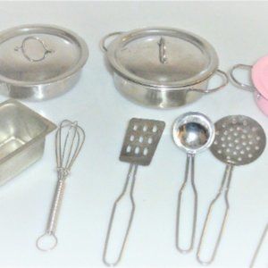 DOLL HOUSE Dishes Pots Pans Stainless Steel Utensils Spatula Playhouse Pretend